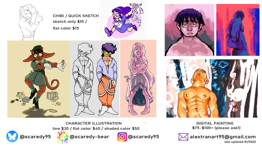 Welcome to my little corner of the internet! I have been creating art since I was a kid, from short films to comic books and doodles. I have a degree in 2D animation as well. Feel free to DM or email me about any commission inquiries. :]